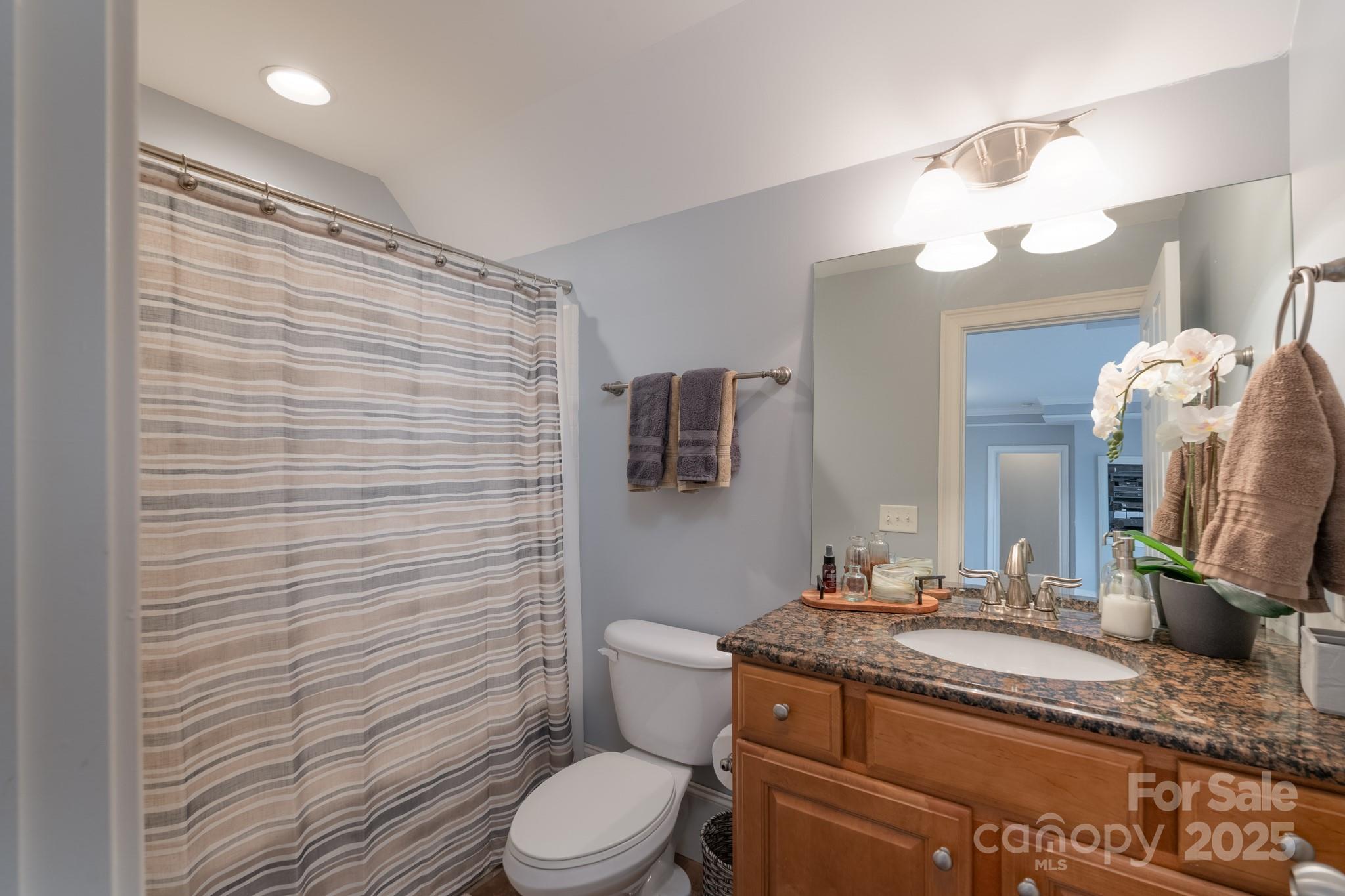 779 Fairway Point Drive Tega Cay, SC 29708 - Photo 34 of 48 a bathroom with a granite countertop sink a toilet and a mirror