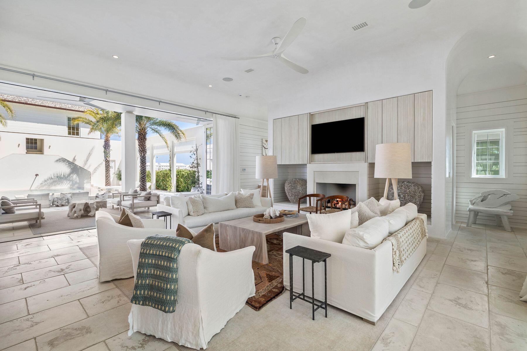 a living room with fireplace furniture and a flat screen tv