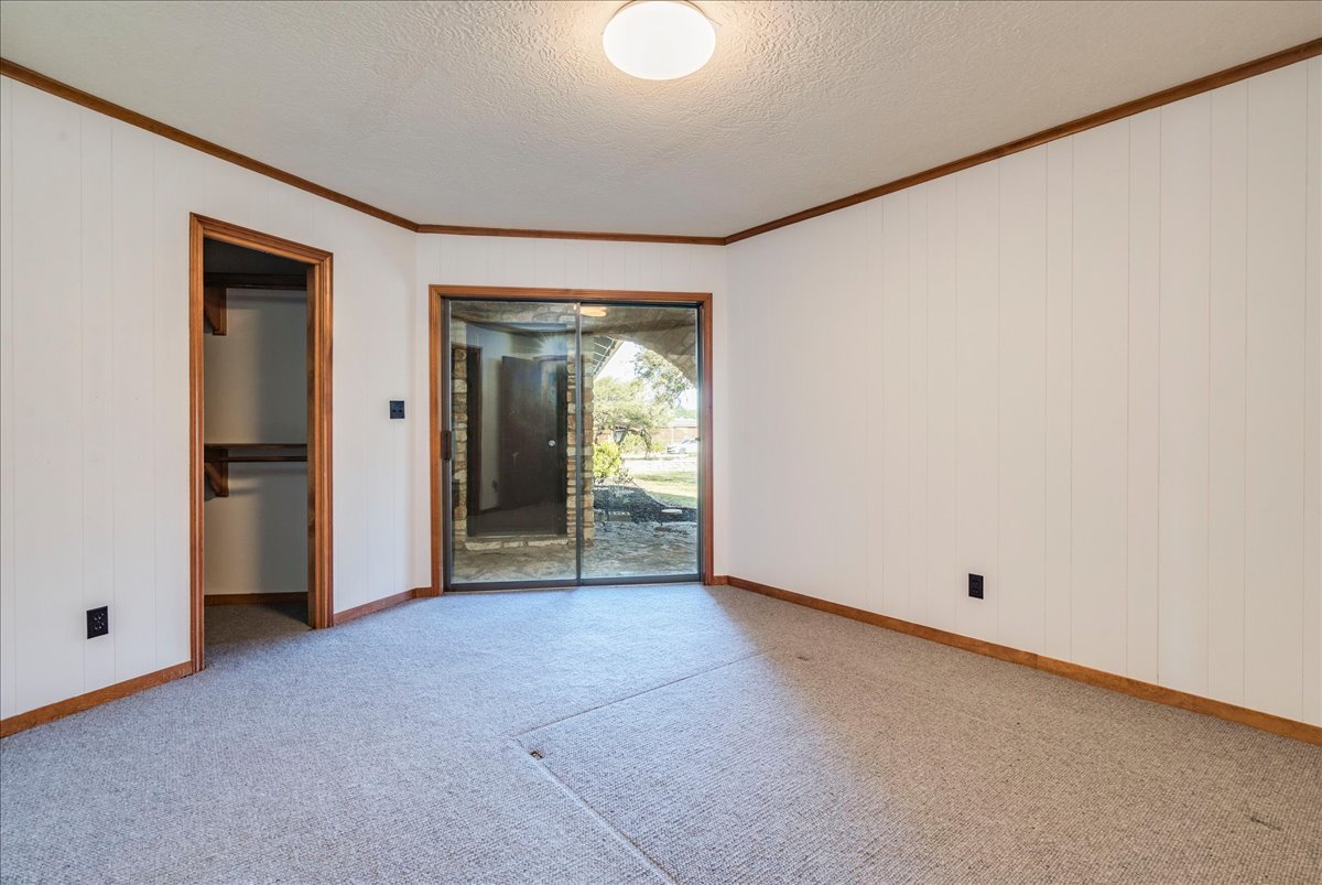 9763 Ranch Road 1623 Blanco, TX 78606 - Photo 20 of 40 Room featuring light-colored carpeting, white vertical paneling, and wood trim detailing