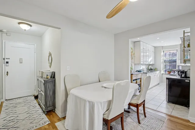 a view of a dining room with furniture