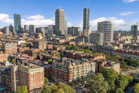 a city view with tall buildings