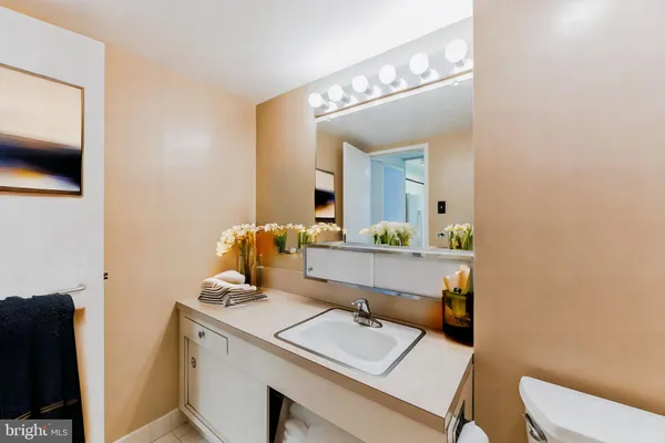 a view of bathroom with a sink mirror and toilet