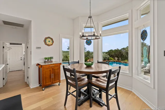 a view of a dining room with furniture window and wooden floor