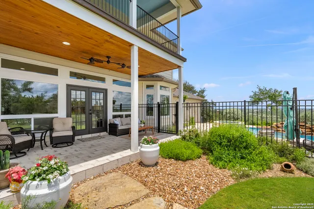 a garden view with a seating space