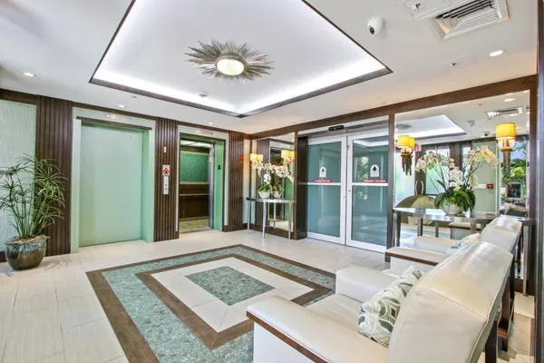 a view of a dining room with furniture