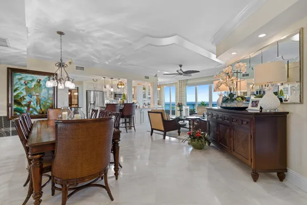 a view of a dining room with furniture