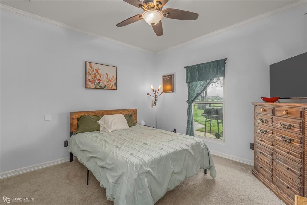 624 Holly Street Grand Cane, LA 71032 - Photo 26 of 40 Bedroom with crown molding, ceiling fan, and light carpet