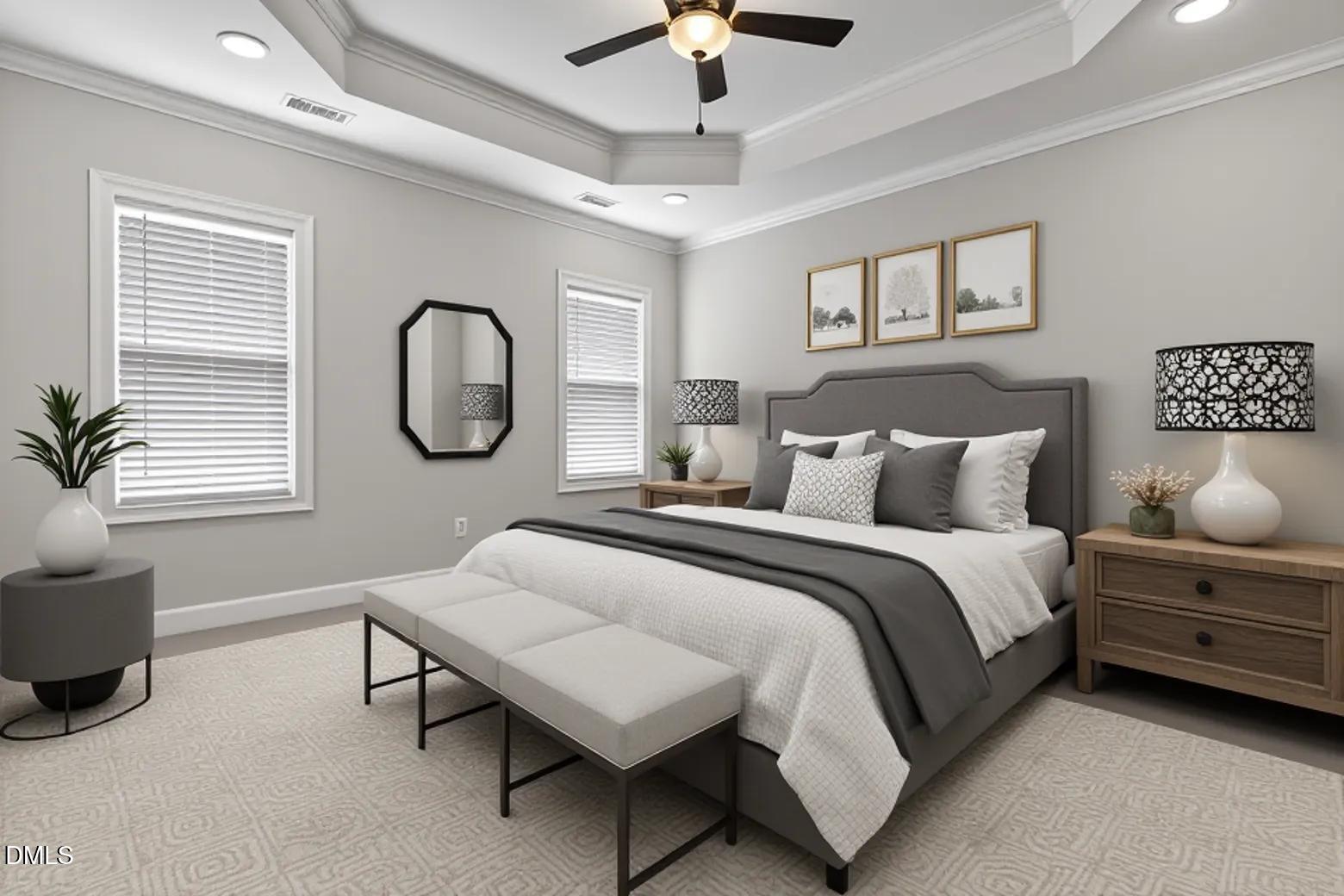 9205 Raccoon Drive Middlesex, NC 27557 - Photo 8 of 20 a spacious bedroom with a bed a chandelier and mirror