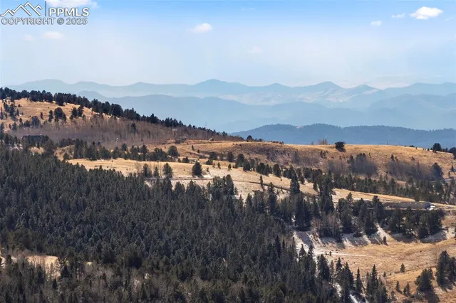 a view of a yard with mountains in the background