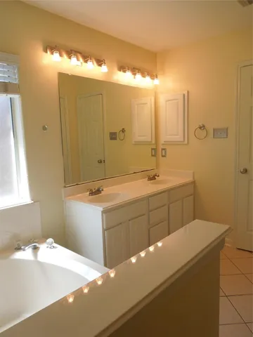 a bathroom with a sink double vanity and a mirror