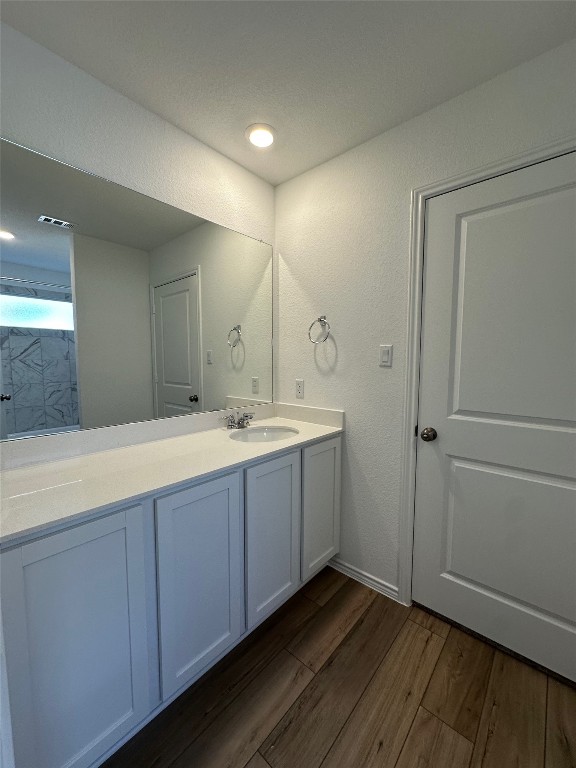 2513 Four Waters Loop Georgetown, TX 78628 - Photo 29 of 37 Full bath with double vanity, dark wood-style floors, recessed lighting, and a shower