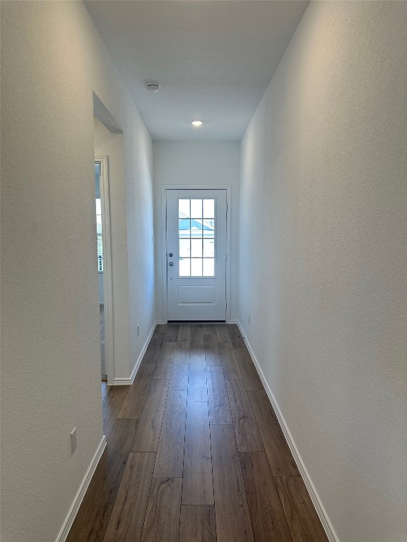 2513 Four Waters Loop Georgetown, TX 78628 - Photo 7 of 37 Doorway featuring wood-type flooring and a textured wall