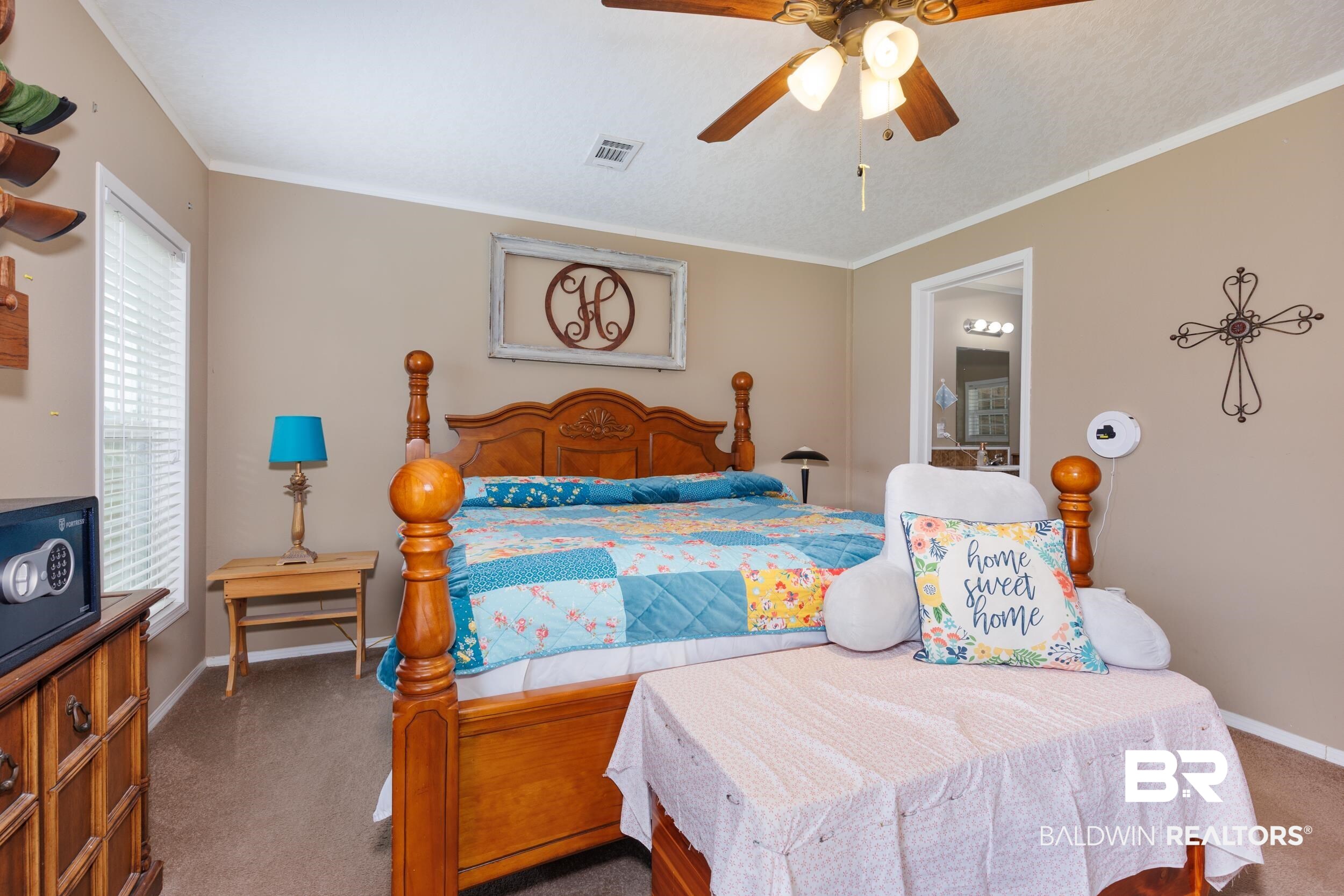 6725 Upper Creek Road Flomaton, AL 36441 - Photo 50 of 61 Bedroom featuring carpet, baseboards, ceiling fan, and crown molding