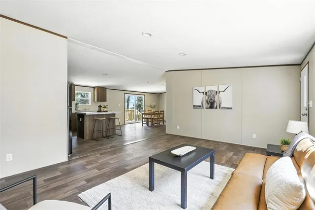 a living room with furniture and a kitchen view