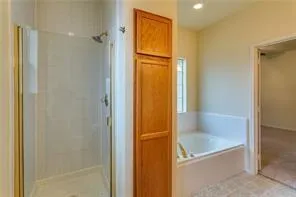 a bathroom with a tub and shower