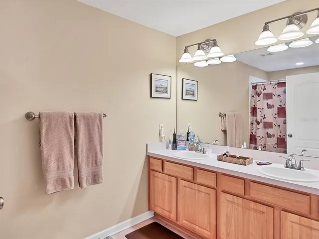 a bathroom with a sink vanity and a mirror