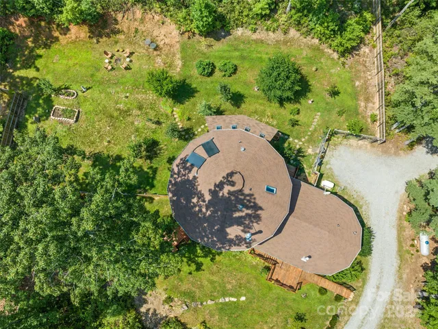an aerial view of a swimming pool