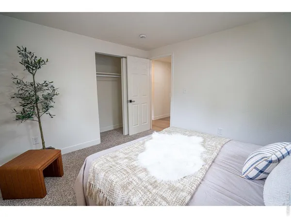 a bedroom with a bed and a potted plant