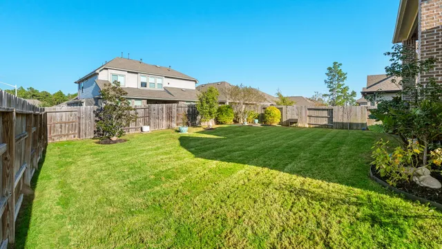 a backyard of a house with large trees and plants