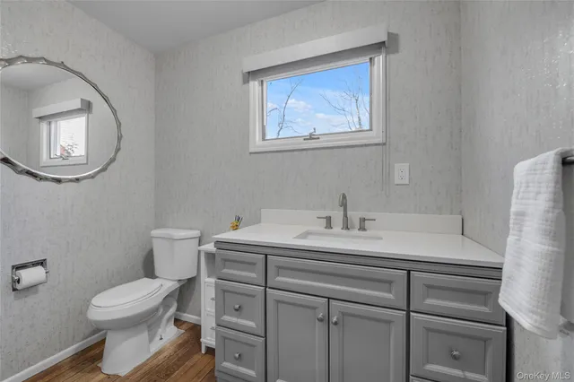 a bathroom with a toilet sink and mirror