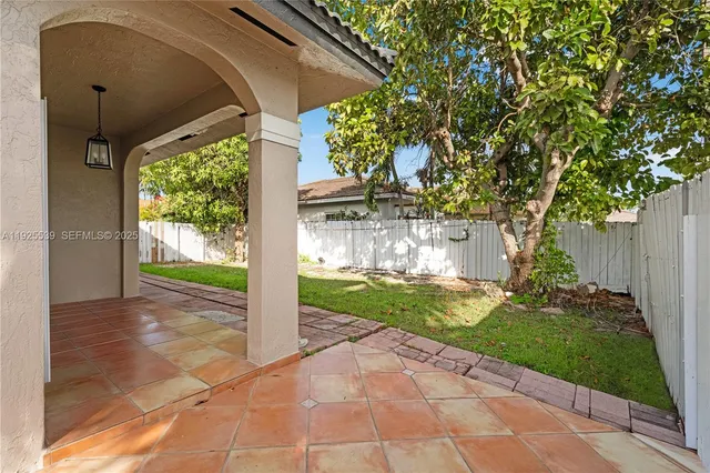 a view of a yard with plants and a large tree