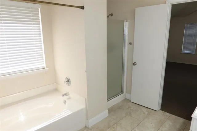 a bathroom with a bathtub and shower