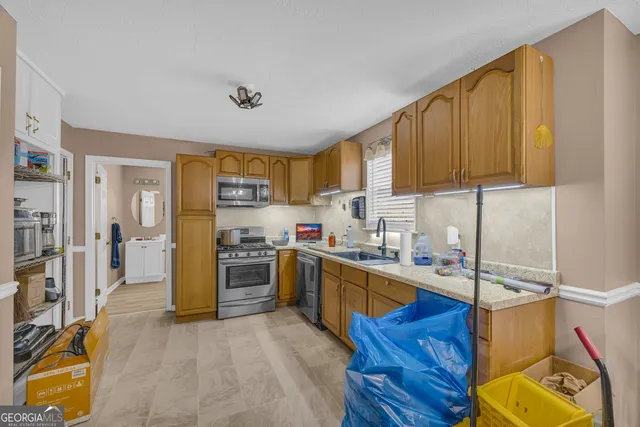 a kitchen with lots of counter top space