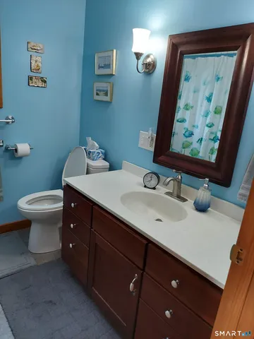 a bathroom with a toilet sink and mirror