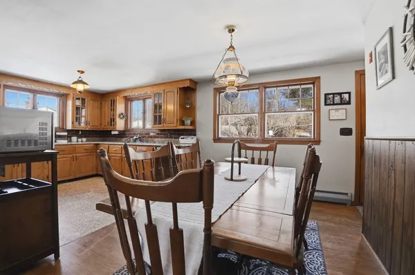 a view of a dining room with furniture window and wooden floor