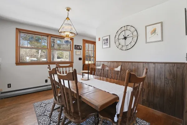 a view of a dining room with furniture window and wooden floor