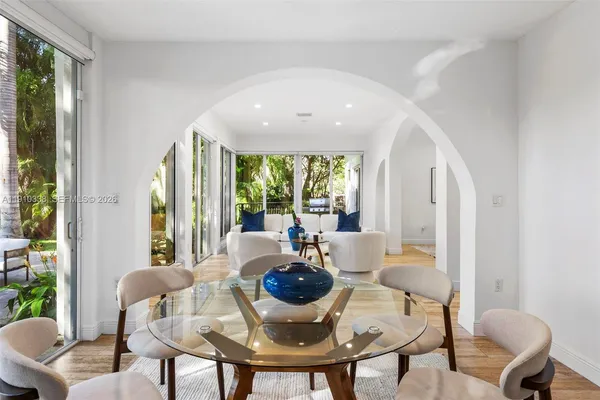a view of a dining room with furniture window and outside view