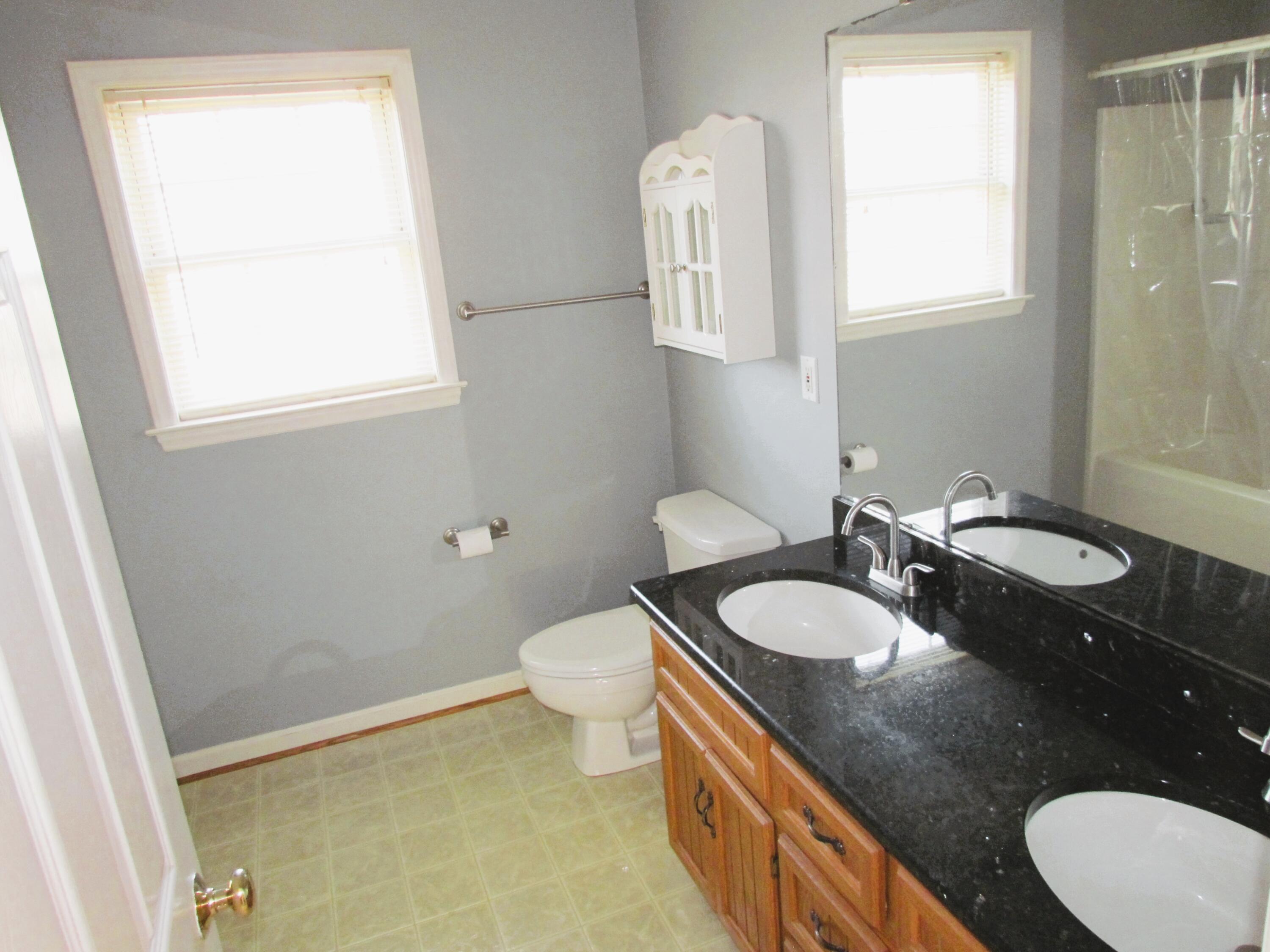 1333 Archway Road Blue Ridge, VA 24064 - Photo 31 of 37 a bathroom with a granite countertop sink a toilet and a mirror