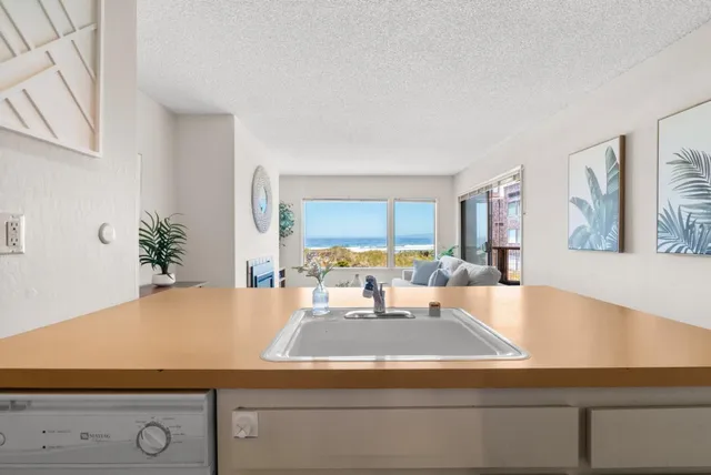 a view of kitchen with kitchen island a stove and a potted plant