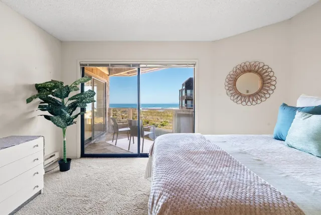 a bedroom with a large bed and a potted plant