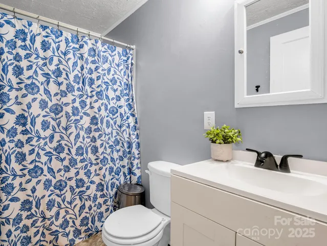 a white toilet sitting next to a shower curtain