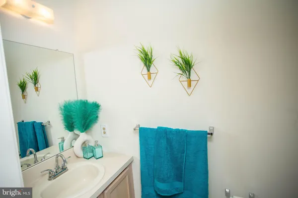 a bathroom with a sink a mirror and a potted plant