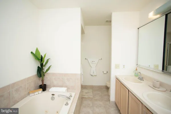 a bathroom with a sink a tub and a mirror