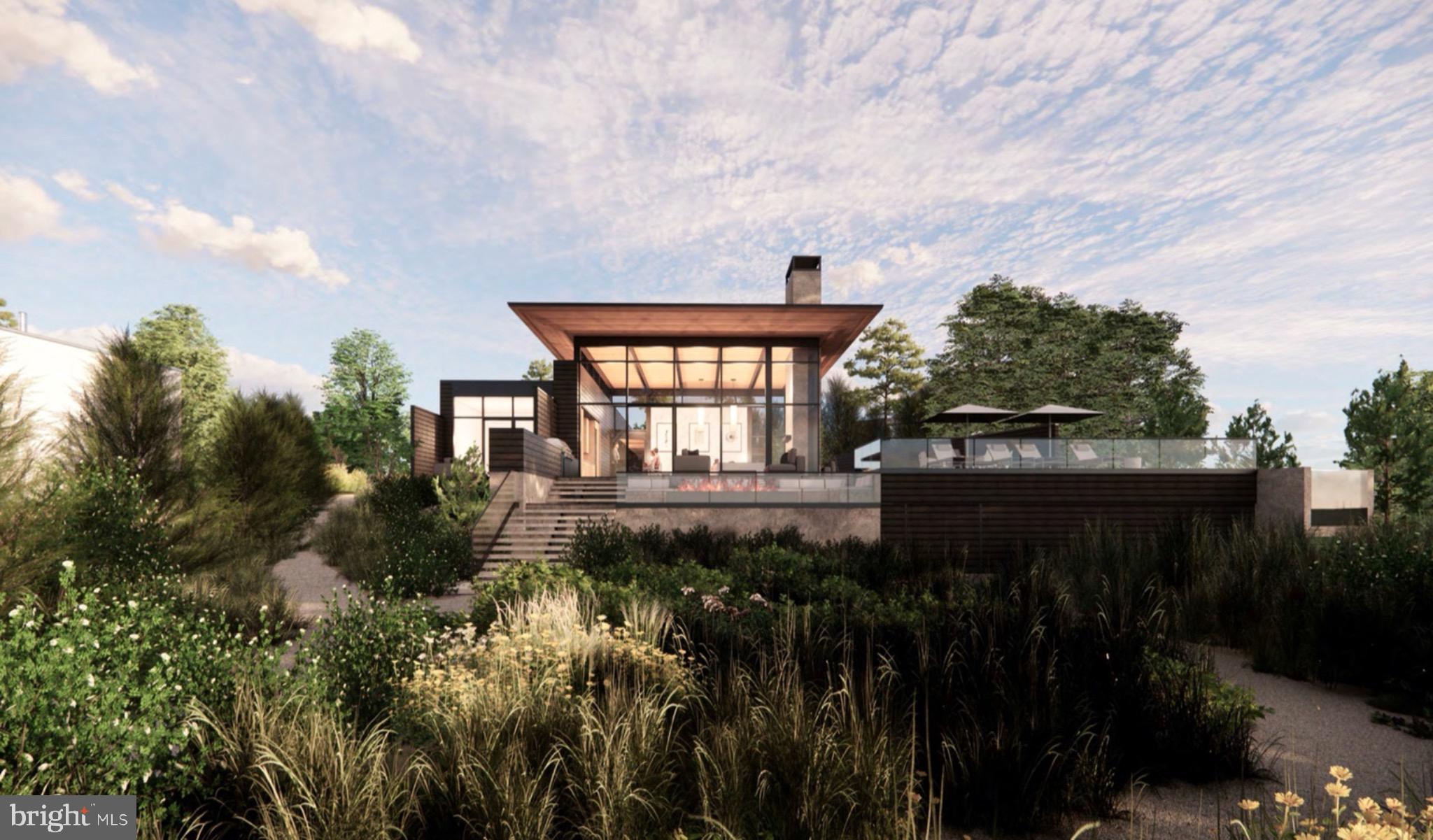 Modern waterfront elegance amidst lush greenery.