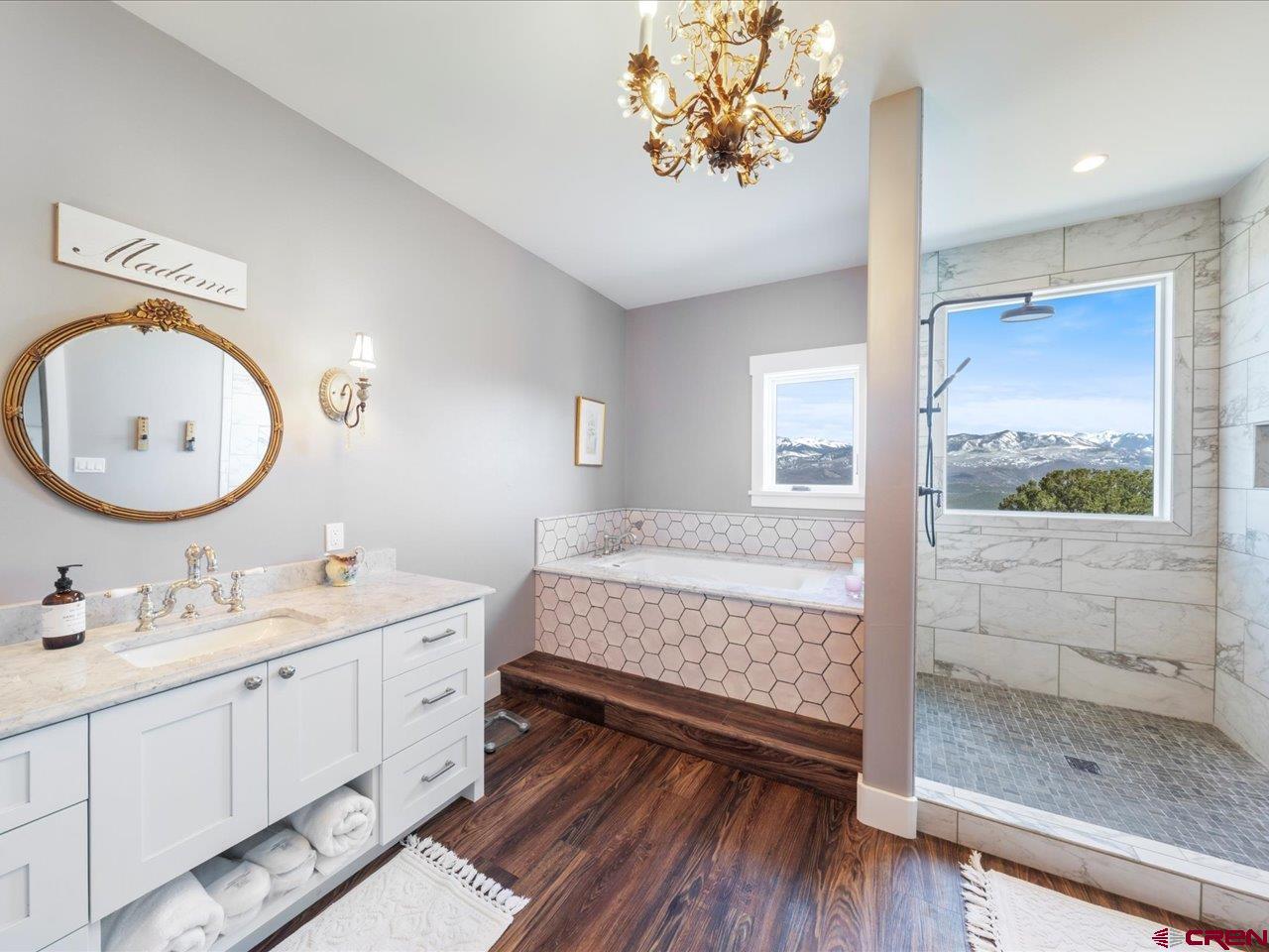 810 Pine Drive Ridgway, CO 81432 - Photo 29 of 36 a bathroom with a sink a mirror and a shower
