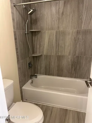 a bathroom with a toilet and a bathtub
