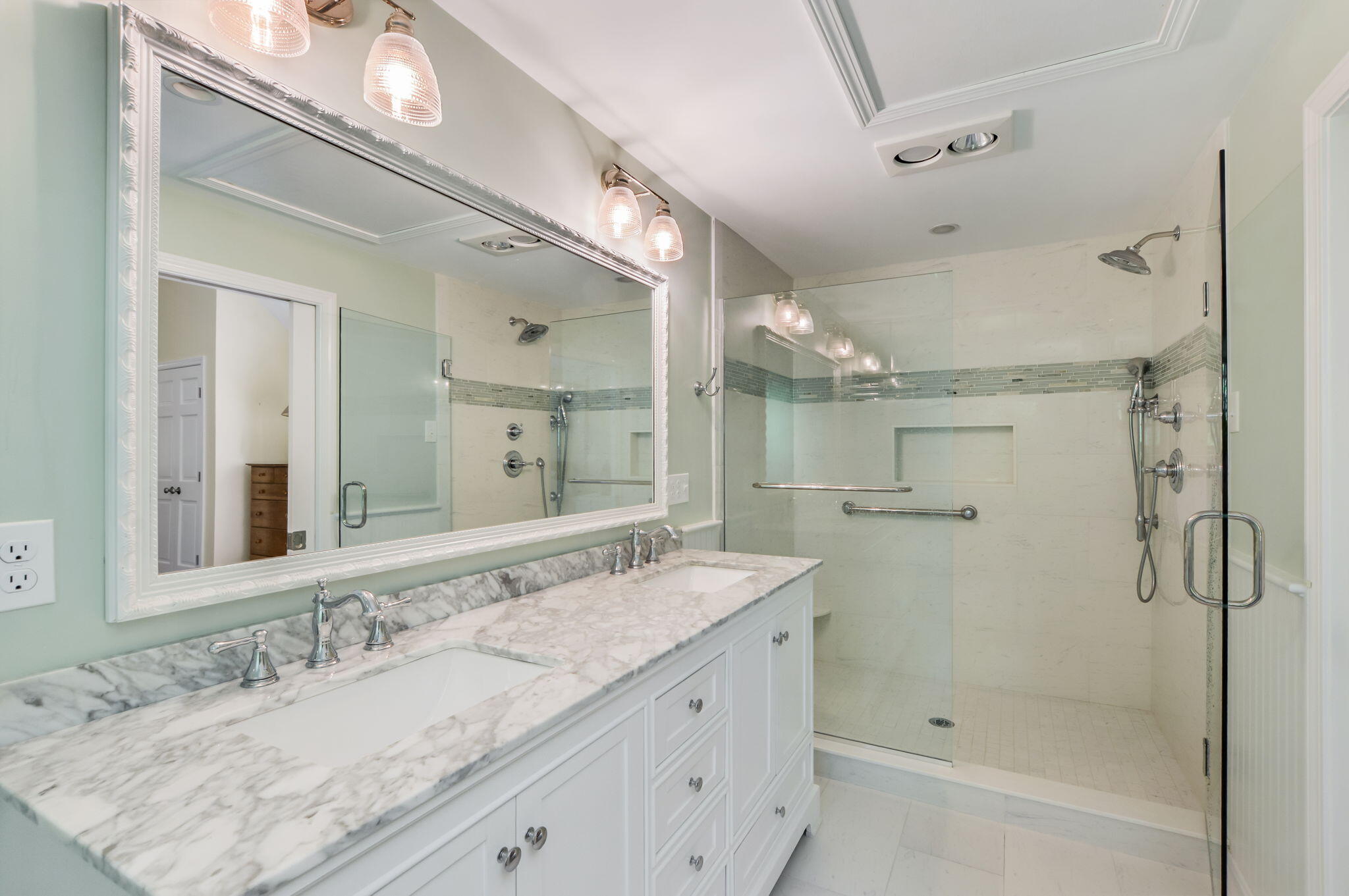 290 Cotuit Bay Drive Cotuit, MA 02635 - Photo 27 of 55 a bathroom with a granite countertop sink mirror and a shower