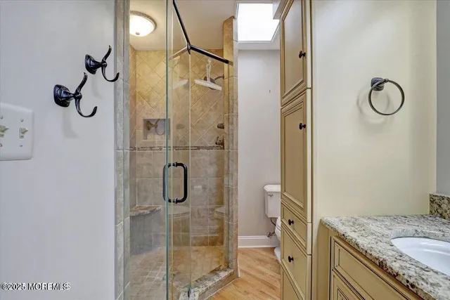 a bathroom with a granite countertop mirror vanity and a shower