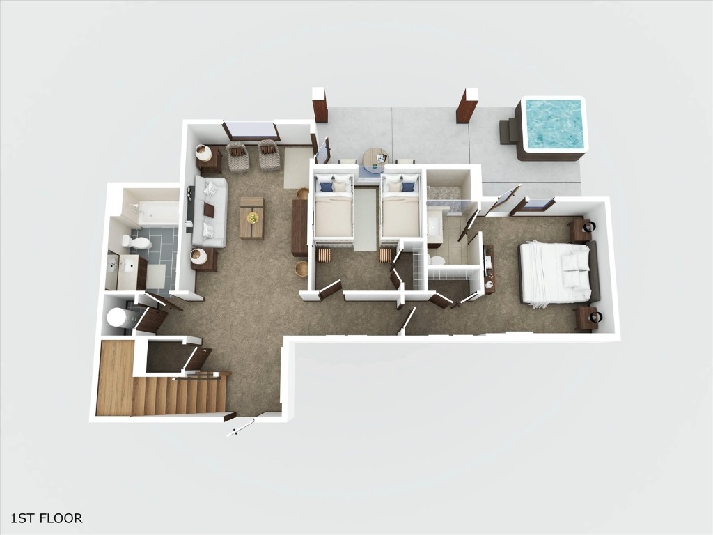 1468 Bangtail Way, Unit C Steamboat Springs, CO 80487 - Photo 48 of 50 Lower Level with Family room, bathroom, bedroom w/ensuite, bedroom w/two bunk beds, lower patio with private hot tub