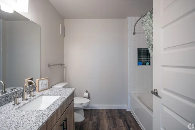 a bathroom with a granite countertop sink toilet and shower