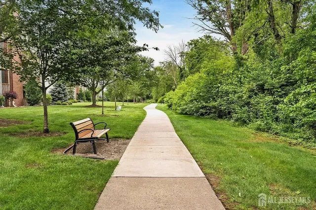 a garden view with a sitting space