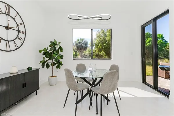 a view of a dining room with furniture window and outside view