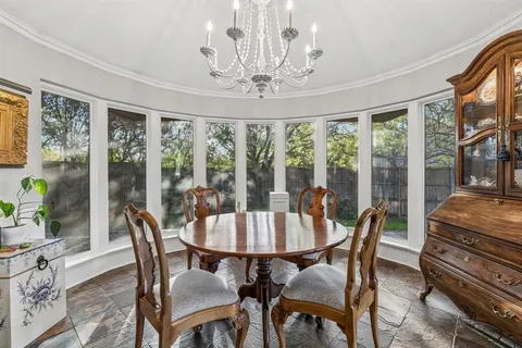 a view of a dining room with furniture large windows and wooden floor