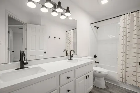 a bathroom with a sink a toilet and a mirror