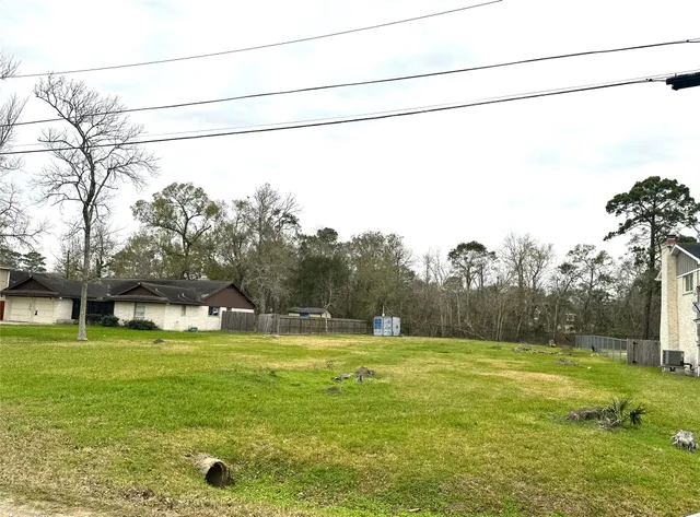 a view of a big yard with potted plants and large trees