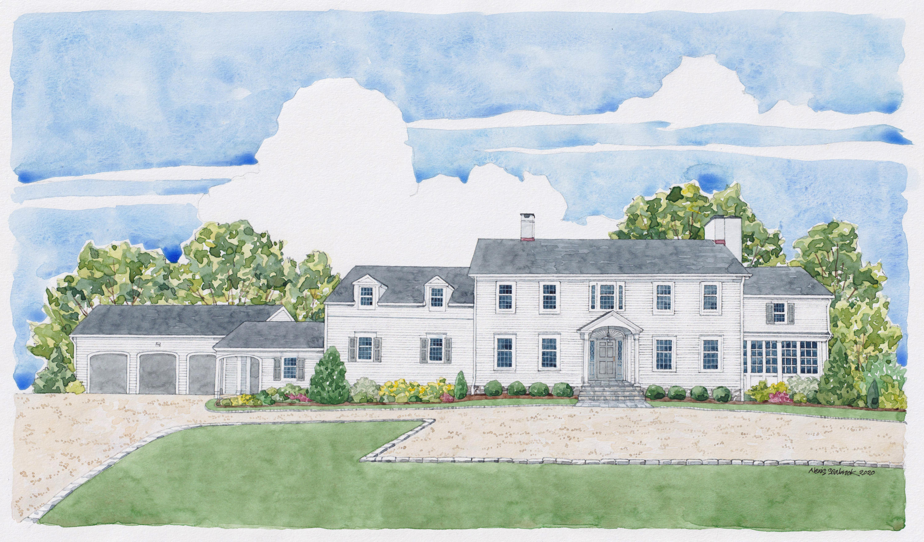 756 Ponus Ridge Road New Canaan, CT 06840 - Photo 46 of 54 a view of a white house with a yard and a table and chairs